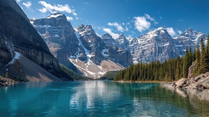 Snow-capped Canadian Rocky Mountains surrounding a turquoise lake in Banff National Park, Alberta, Canada.
