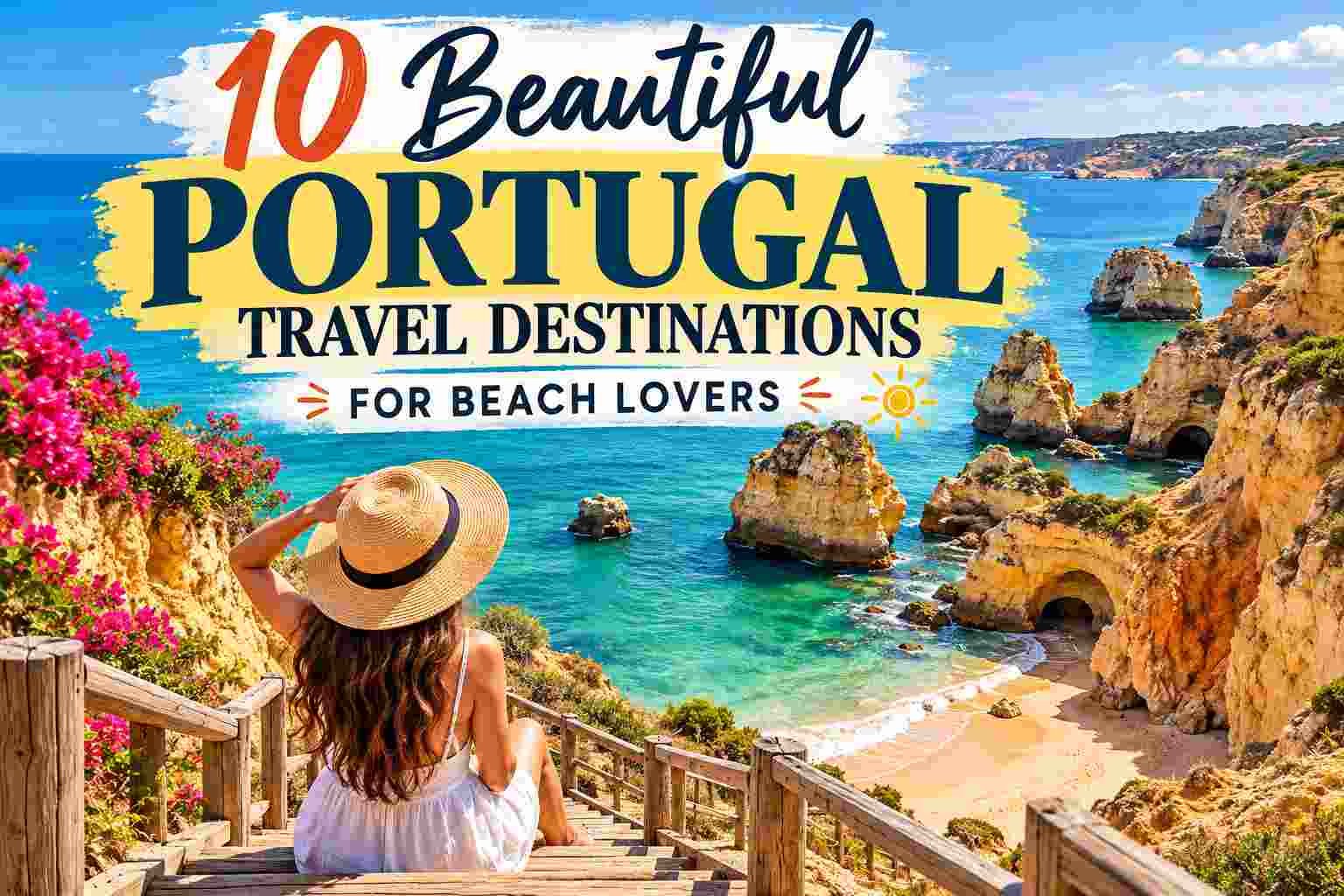 Beautiful Portugal beach with golden cliffs and turquoise Atlantic water