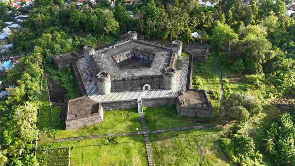 Aerial view of Almeida's historic star-shaped stone fortifications in Portugal