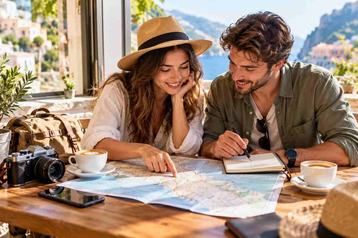 Travel couples planning their first trip together with a map at a scenic seaside café.