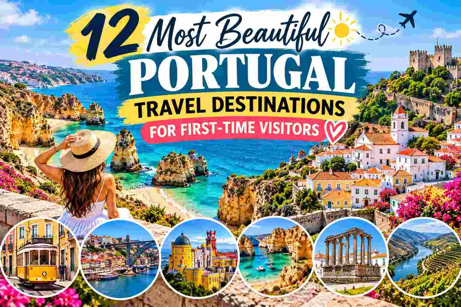 Beautiful Portugal travel destinations featuring golden Algarve cliffs, turquoise Atlantic water, charming Portuguese towns, and historic landmarks.