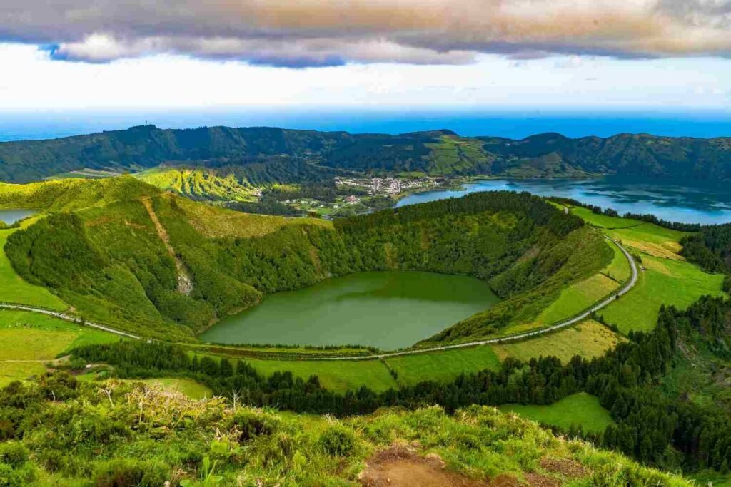 Volcanic rock formations rising from the Atlantic Ocean in the Azores Portugal